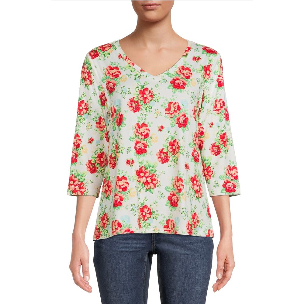 Pioneer Woman Vneck Floral Spring Summer Long Sleeve Top White and Red XL